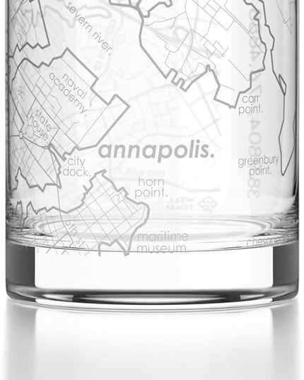 Well Told Engraved Annapolis Maryland Map Rocks Glass, Old Fashioned Glassware (11 oz, Clear) Etched Bourbon Tumbler, Gifts For Whiskey Lovers