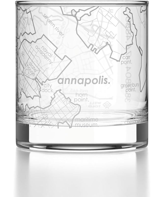 Well Told Engraved Annapolis Maryland Map Rocks Glass, Old Fashioned Glassware (11 oz, Clear) Etched Bourbon Tumbler, Gifts For Whiskey Lovers