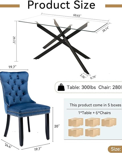 Modern 7-Piece Glass Dining Table Set for 6, Modern 60" Rectangle Black Glass Dining Room Table Set with Blue Velvet Tufted Chairs Wood Legs for Kitchen Dining Room