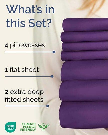Extra Deep Split King Sheet Set - 7 Piece Breathable and Cooling Sheets - Hotel Luxury Bed Sheets Set - Easy Fit - Soft, Wrinkle Free and Comfy Sheets Set - Purple Sheet Set with Extra Deep Pockets