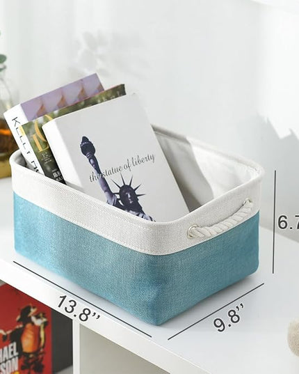 TheWarmHome Fabric Storage Bin with Handles,Storage Basket for Home Storage and Organization, Shelf Basket with Cover for Living Room Bedroom Closet（White & Green Medium 13.8L×9.8W×6.7H