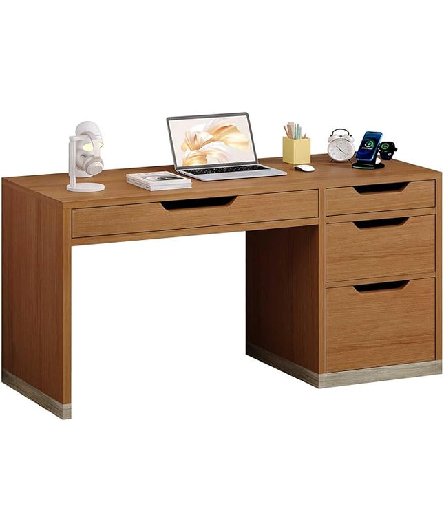 52 Inch Desk with 4 Drawers, Small Computer Desk for Small Space, Home Office Desk with Storage File Cabinet for Bedroom, Brown