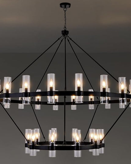 60 Inch Black Wagon Wheel Chandelier with Glass Shade, 30 Lights, 2 Tier Modern Farmhouse Chandelier, Pendant Lighting Fixture Ideal for Dining Room, Kitchen, Entryways