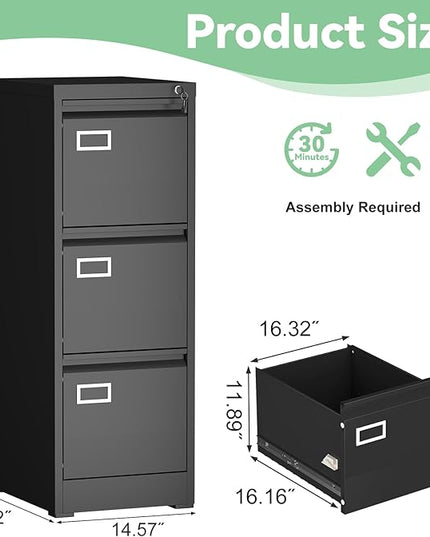 File Cabinet,3 Drawer Filing Cabinet with Lock,Metal Filing Cabinets for Home Office,School,Vertical File Cabinets for Letter/Legal/A4/F4 Size,Assembly Require,Black