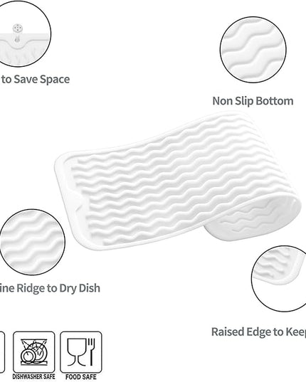 Silicone Dish Drying Mat for Multiple Usage,Easy clean,Eco-friendly,Heat-resistant Silicone Mat for Kitchen Counter,Sink,Bar,Bottle,or Cup White M 17 inches x 6 inches