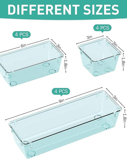 WOWBOX 12 Pack Clear Drawer Organizer Set, Acrylic Drawer Storage Trays, Storage Bins for Makeup, Cosmetics, Jewelries, Utensils, Gadgets, Office, Sea Blue