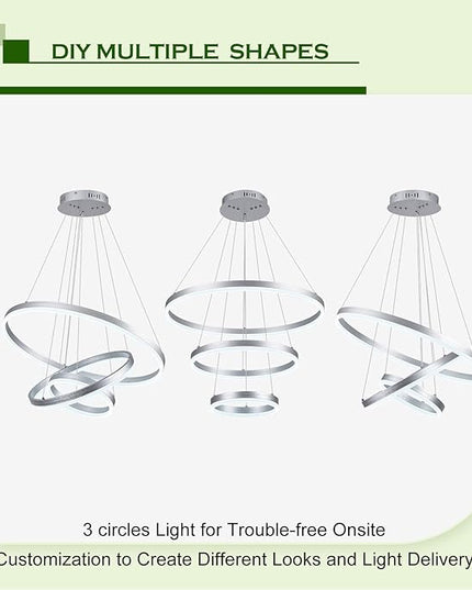 3-Rings D23.6 Modern LED Chandelier Silver Dimmable Pendant Lighting with Remote Control Circular Flush Mount High Ceiling Light for Dining Room Living Room Bedroom Entrance Foyer, 3000K-6500K