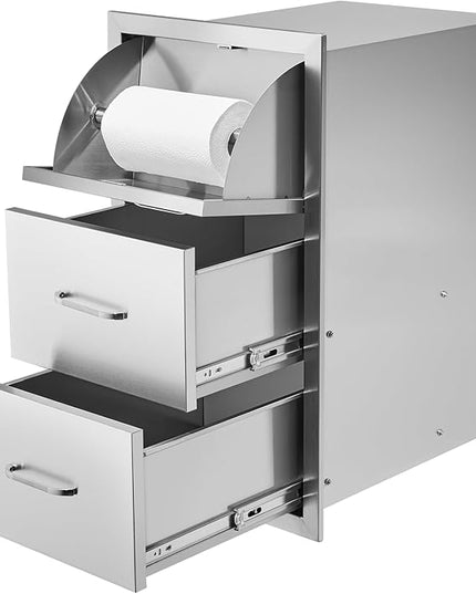 VEVOR 17W x 30H x 21D Inch Outdoor Kitchen Stainless Steel Double Access Drawers with Paper Towel Holder Combo for BBQ Island or Grill Station