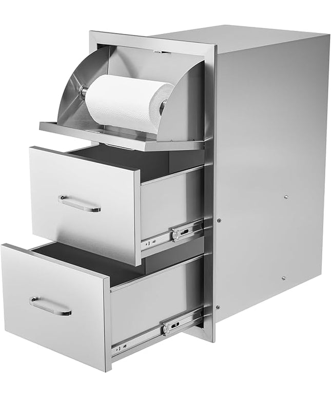 VEVOR 17W x 30H x 21D Inch Outdoor Kitchen Stainless Steel Double Access Drawers with Paper Towel Holder Combo for BBQ Island or Grill Station