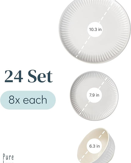 Stoneware Dinnerware Set for 8 People HYGGE 24-Piece - Elegant Scandi Design - Premium Dish Set - Bowl and Plate Set - Tableware for 8 People in a Ribbed Design - Pure Living in White