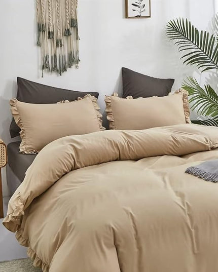 CLOTHKNOW Taupe Ruffles Comforter Set California King 3Pcs Farmhosue Bedding Comforter Sets Soft Khaki Boho Comforter with 2 x Pillow Cases