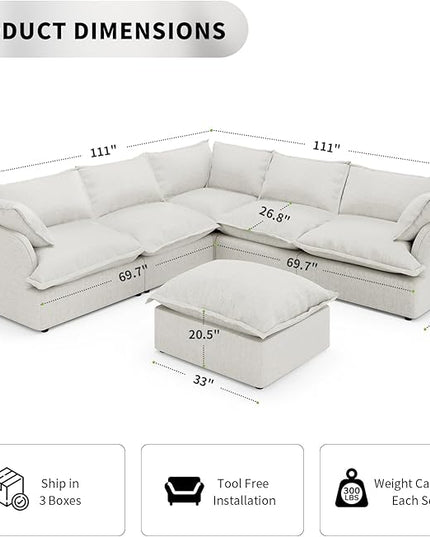 Cloud Modular Sectional Sofa, 5 Seaters Convertible Deep Seat Modular Couch,V Shape Down Fill Sofa, Detachable Couch Cushion Covers,Corner Sofa with Ottoman for Living Room,Office,Gray