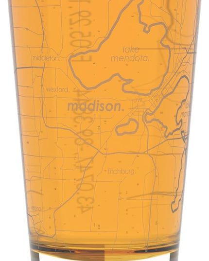 Well Told Engraved Madison Wisconsin Map Pint Glass, Etched Beer Gift (16 oz, Clear) City Map Pint, Custom City Glassware, Gifts For Beer Lovers
