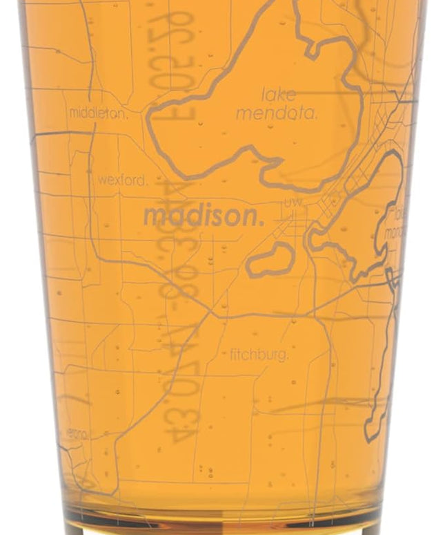 Well Told Engraved Madison Wisconsin Map Pint Glass, Etched Beer Gift (16 oz, Clear) City Map Pint, Custom City Glassware, Gifts For Beer Lovers