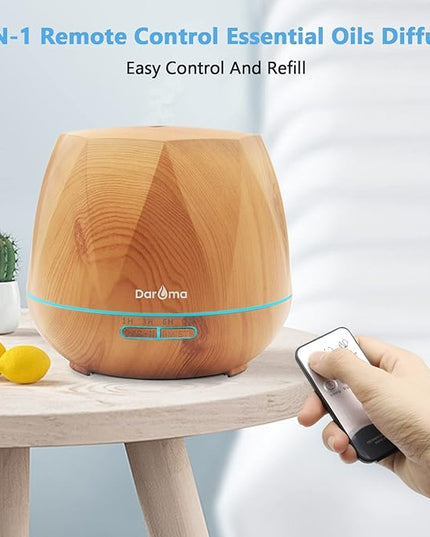 550ml Essential Oil Diffuser, DAROMA Upgraded Remote Control 6 in 1 Aromatherapy Ultrasonic Cool Mist Humidifier, 7 Color Changing Mood Lights & Waterless Auto-Off for Home Office Gift, Light Wood