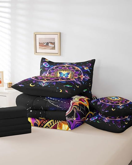 Feelyou Sun and Moon Kids Comforter Set 7 Pieces, Yoga Chakras Bedding Queen with 1 Comforter,1 Fitted Sheet,1 Flat Sheet,2 Pillowcases,2 Throw Pillow Cover, Boho Mandala Bed Set for Boys Girl