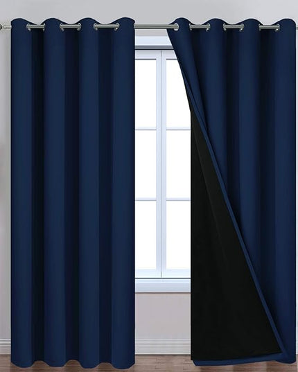 Yakamok 100% Blackout Curtains with Black Lined Thermal Insulated Room Darkening Curtains for Living Room(52Wx96L, Navy Blue, 2 Panels)