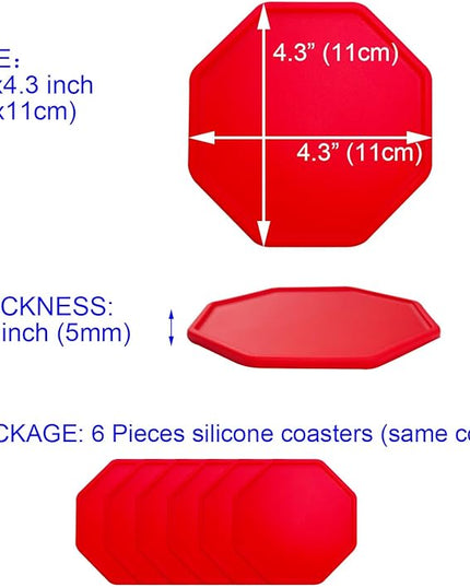 6 Pieces Silicone Coasters, Octagon Shape Hot Cup Mat for Drinks, Heat Resistant Glass Cushion, Coffee Coaster for Table, Desk, Kitchen, Office, Bar Protection (Red)
