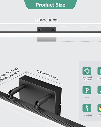 Black Vanity Light 31.5" Long 24W LED Bathroom Light Bar with 5CCT Adjustable Modern Bathroom Vanity Light Fixture for Mirror, Powder Room, Bedroom, Apartment, Hotel