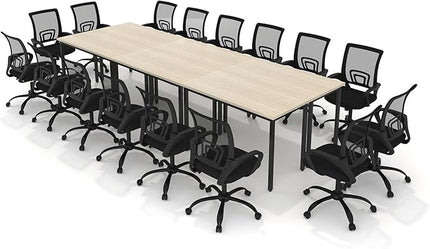 Bonzy Home 14FT Conference Table with Chairs Set, 142"x47"x30" Tables & 16Pcs Office Chairs, Office Desk and Chairs Set for Meeting Room Study Printer Podcast Seminar Table Set for 16 People, Natural