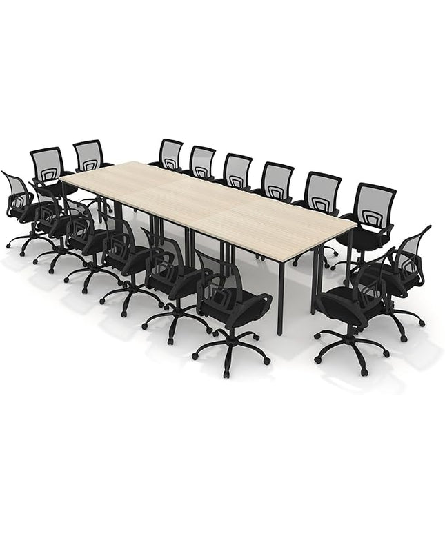 Bonzy Home 14FT Conference Table with Chairs Set, 142"x47"x30" Tables & 16Pcs Office Chairs, Office Desk and Chairs Set for Meeting Room Study Printer Podcast Seminar Table Set for 16 People, Natural