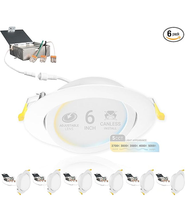 NUWATT 6 inch Gimbal LED Recessed Light Canless Wafer Lights, 5CCT 2700K/3000K/3500K/4000K/5000K, Dimmable, 1050LM, 12W, Ultra-Thin Angled Recessed Lighting Directional LED Downlight, ETL, 6 Pack