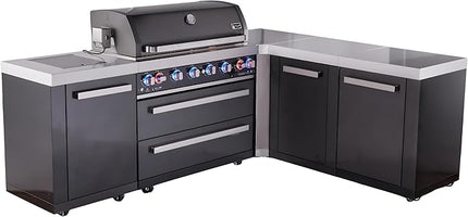 Mont Alpi MAi805-BSS90XL 6-Burner 94"x88" L-shaped Premium Black Stainless Steel Outdoor Kitchen Island BBQ Gas Grill with Infrared Side & Rear Burners + Granite Countertops + Full Cover + Rotisserie