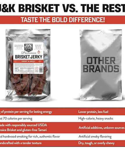J&K Jerky Sweet & Spicy Brisket, Small Batch Handcrafted Beef Jerky 7 oz