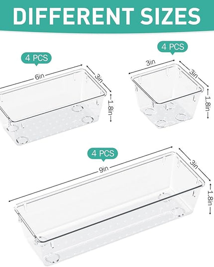 WOWBOX 12 Pack Clear Drawer Organizer Set, Acrylic Drawer Storage Trays, Storage Bins for Makeup, Cosmetics, Jewelries, Utensils, Gadgets, Office