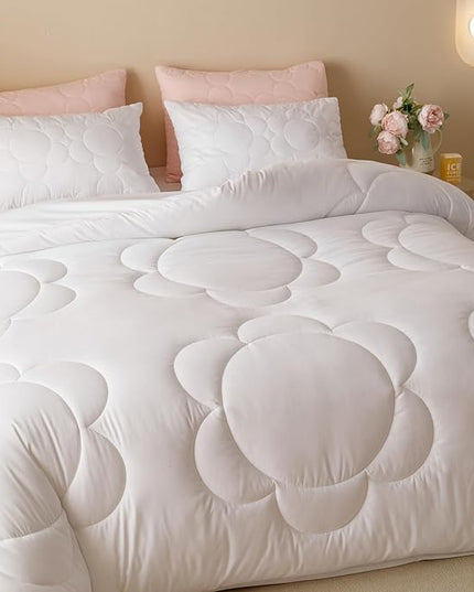 CLOTHKNOW White Full Size Comforter Sets 3Pcs Daisy Puff Pattern Bedding Comforter Sets Soft Floral Boho Comforter White Comforter with 2 x Pillow Cases