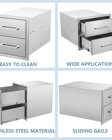 Outdoor Kitchen Drawers Stainless Steel 2-Drawer BBQ Drawer 14" W x 15" H x 23" D Enclosed Built-in Drawer Flush Mount for Outdoor Kitchens & BBQ Islands