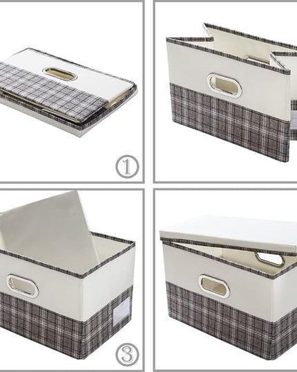 PRANDOM Large Collapsible Storage Bins with Lids [3-Pack] Fabric Foldable Storage Boxes Organizer Containers Baskets Cube with Cover for Home Bedroom Closet Office Gray plaid & Cream(17.7x11.8x11.8)