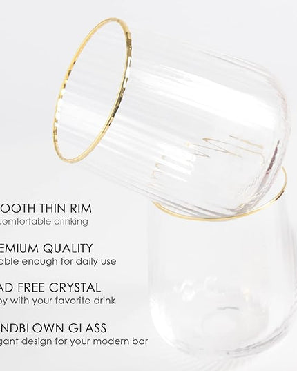 Lysenn Stemless Wine Glasses Set of 4 - Premium Hand Blown Drinking Glasses for White and Red Wine - Elegant Vertical Stripe and Gold Rim Design - Clear 15oz