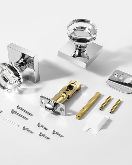 Polished Chrome Passage Door Knobs Interior, Crystal Glass Passage Door Knobs for Closet, Modern Round Door Handles for Hallway