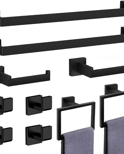 10-Pieces Matte Black Bathroom Accessories Set, Stainless Steel Bathroom Hardware Set, Towel Racks for Bathroom Wall Mounted 24 Inch Bath Towel Bar Set.