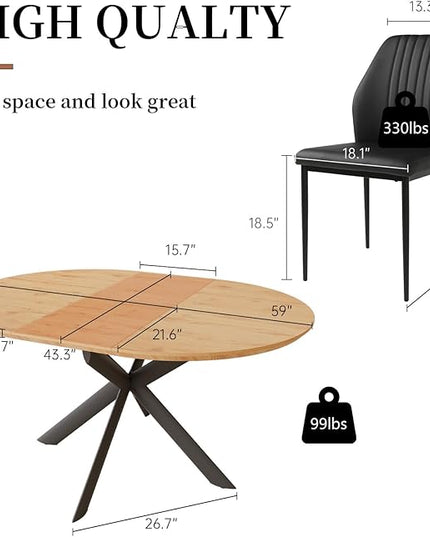 43.2"-59.1" Extendable Dining Table Set with Metal Legs, Wooden Round Kitchen Table for 4-6 Person, Oak Coffee Table w/Easy-Clean Tabletop