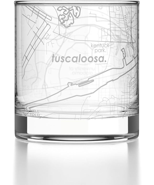 Well Told Engraved Tuscaloosa Alabama Map Rocks Glass, Old Fashioned Glassware (11 oz, Clear) Etched Bourbon Tumbler, Gifts For Whiskey Lovers