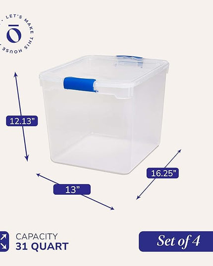 HOMZ 4-Pack Latching Lid, Large Clear Plastic Storage Bins with Lids, 31 Quart, Blue Latch - Stackable Container Boxes for Home, Bathroom, and Office Organization