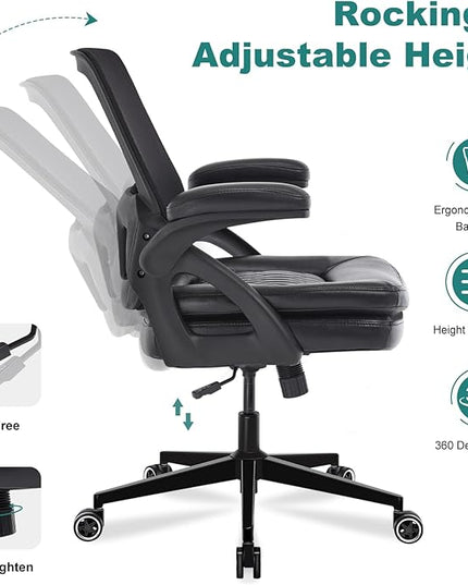 Big and Tall Office Chair, 500lbs Mesh Heavy Duty Ergonomic Desk Chair with Flip-up Armrests, Plus Size Wide Seat in PU Leather, 360 Swivel Computer Executive Task Chair for Home Office (Black)