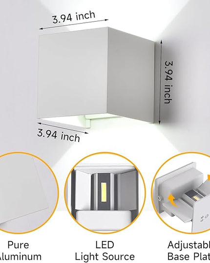 2-Pack LED Outdoor Wall Sconces Exterior/Interior,Modern square Wall Sconce Fixture Set, Variable Beam Outdoor Porch I65 Waterproof Lights, 12W Warm Light 3000K Up and Down Wall Lights(White)