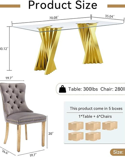 7 Piece Dining Table Set with 6 Grey Dining Chairs, Modern Glass Kitchen Table and Chairs Set for 6, 70" Rectangle Gold Glass Pedestal Dining Room Tables with Flash-Shape Stainless Steel Base