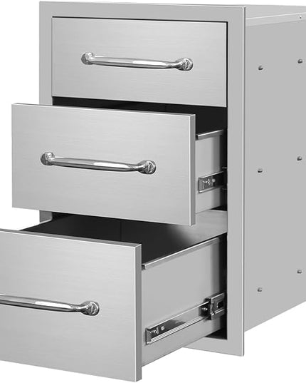 Outdoor Kitchen Drawers 14" W x 21"H x 21"D Stainless Steel Drawer Flush Mount Triple BBQ Drawers with Chrome Handle for Outdoor Kitchen Island, Patio Grill Station