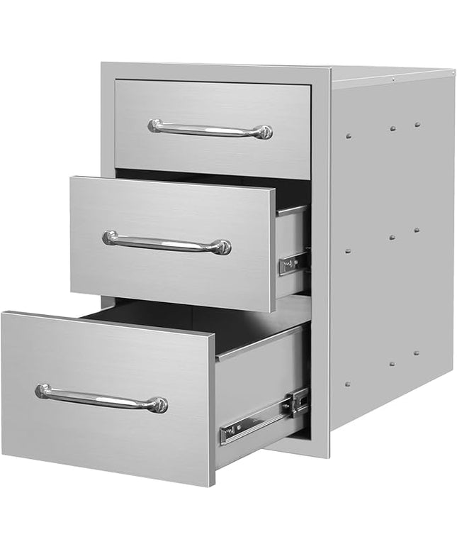 Outdoor Kitchen Drawers 14" W x 21"H x 21"D Stainless Steel Drawer Flush Mount Triple BBQ Drawers with Chrome Handle for Outdoor Kitchen Island, Patio Grill Station