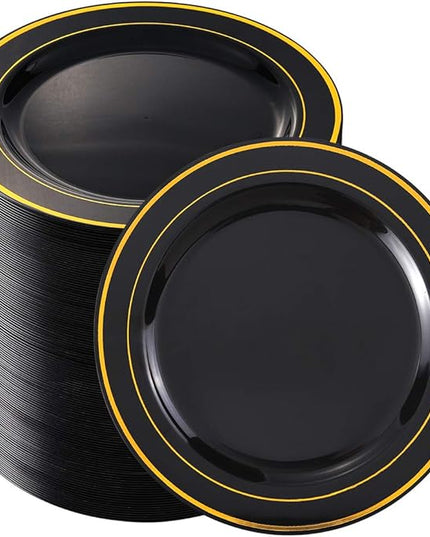 bUCLA 100 Pieces Black and Gold Plastic Dessert Plates - 7.5inch Disposable Salad/Appetizer Plates - Ideal for Party, Graduation & New Year