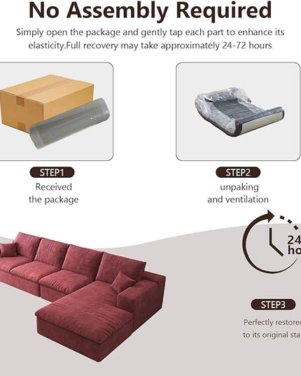 136.6'' L-Shaped Modern Modular Sectional Cloud Couch, 4-Seat Chenille Deep-Seat Sofa with Pillow for Living Room, Bedroom, Apartment, Wine Red