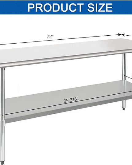 HARDURA Stainless Steel Table 30X72 Inches with Undershelf and Galvanized Legs NSF Heavy Duty Commercial Metel Table for Food Prep