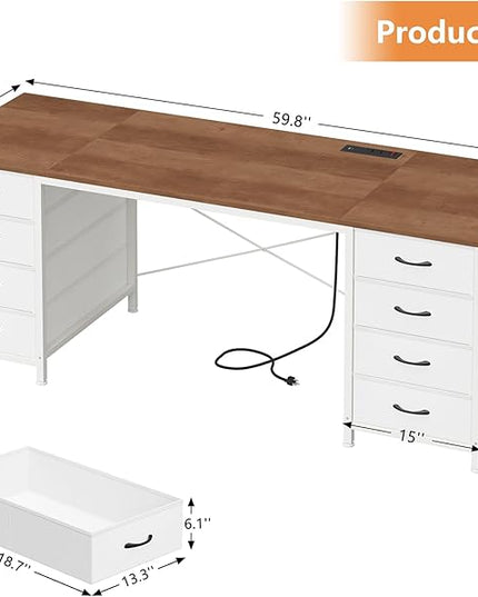 60 Inch Computer Desk with 8 Drawers, Home Office Desk with Power Outlets, Work Study Gaming Desk with 8 Fabric Drawers, Brown and White