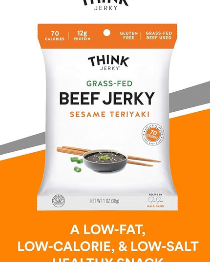 Think Jerky Sesame Teriyaki Beef Jerky, Grass-Fed High Protein Beef, Gluten Free, No Antibiotics or Nitrates, Healthy Chef Crafted Recipe, Low Calorie and Low Fat - 1.0 oz Bags, 8 Pack