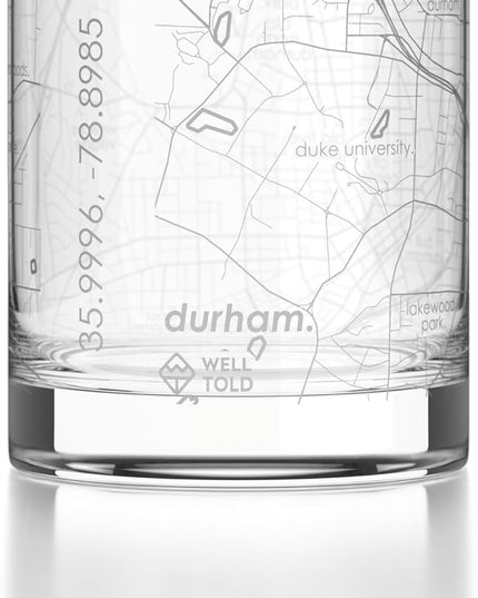 Well Told Engraved Durham North Carolina Map Rocks Glass, Old Fashioned Glassware (11 oz, Clear) Etched Bourbon Tumbler, Gifts For Whiskey Lovers