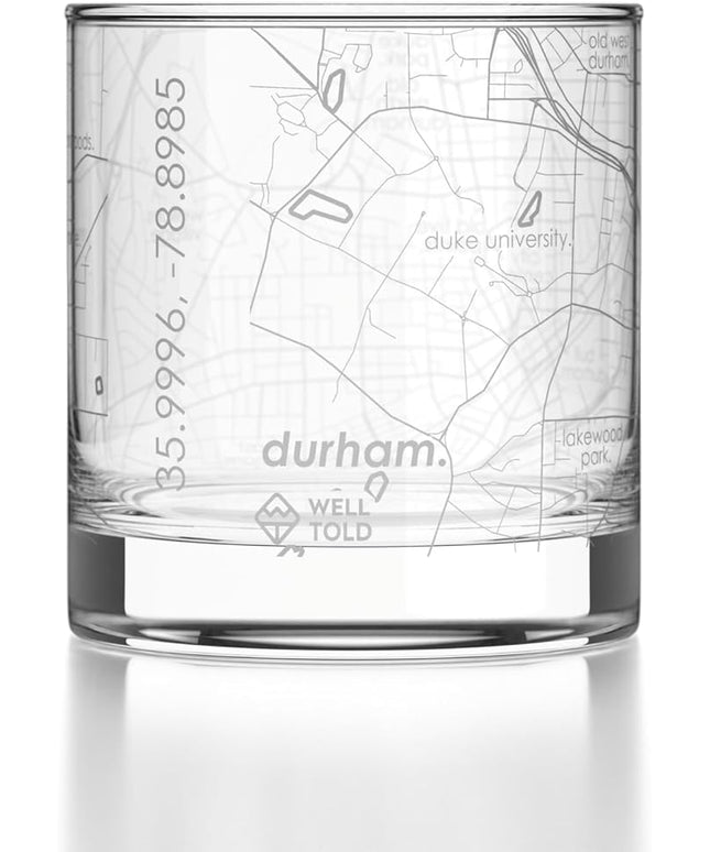 Well Told Engraved Durham North Carolina Map Rocks Glass, Old Fashioned Glassware (11 oz, Clear) Etched Bourbon Tumbler, Gifts For Whiskey Lovers